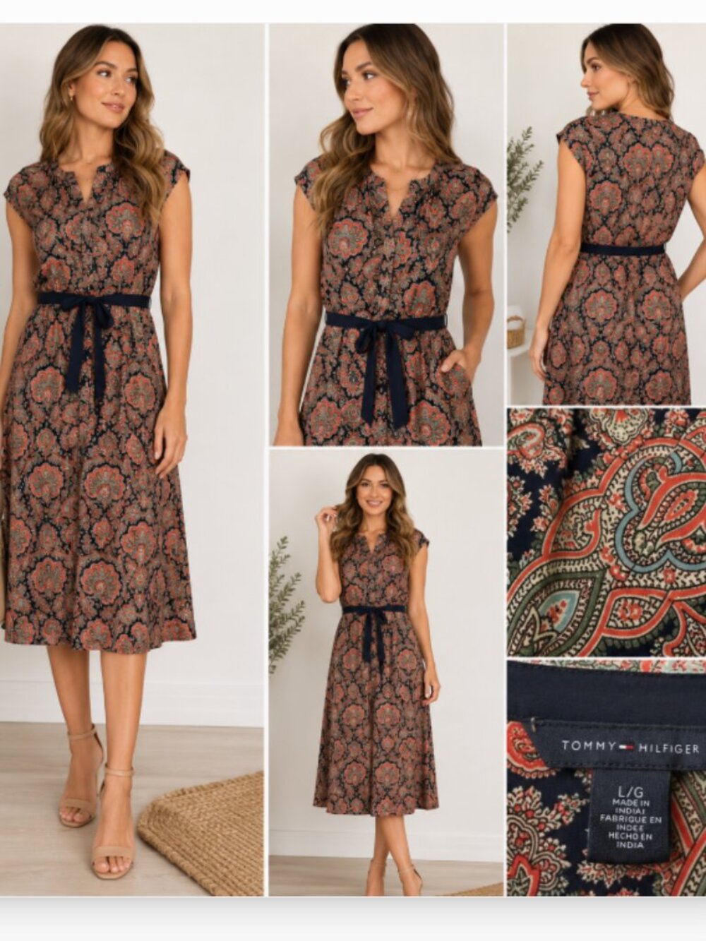 Tommy Hilfiger Paisley Midi Dress Size L Navy Coral Belted Boho Career